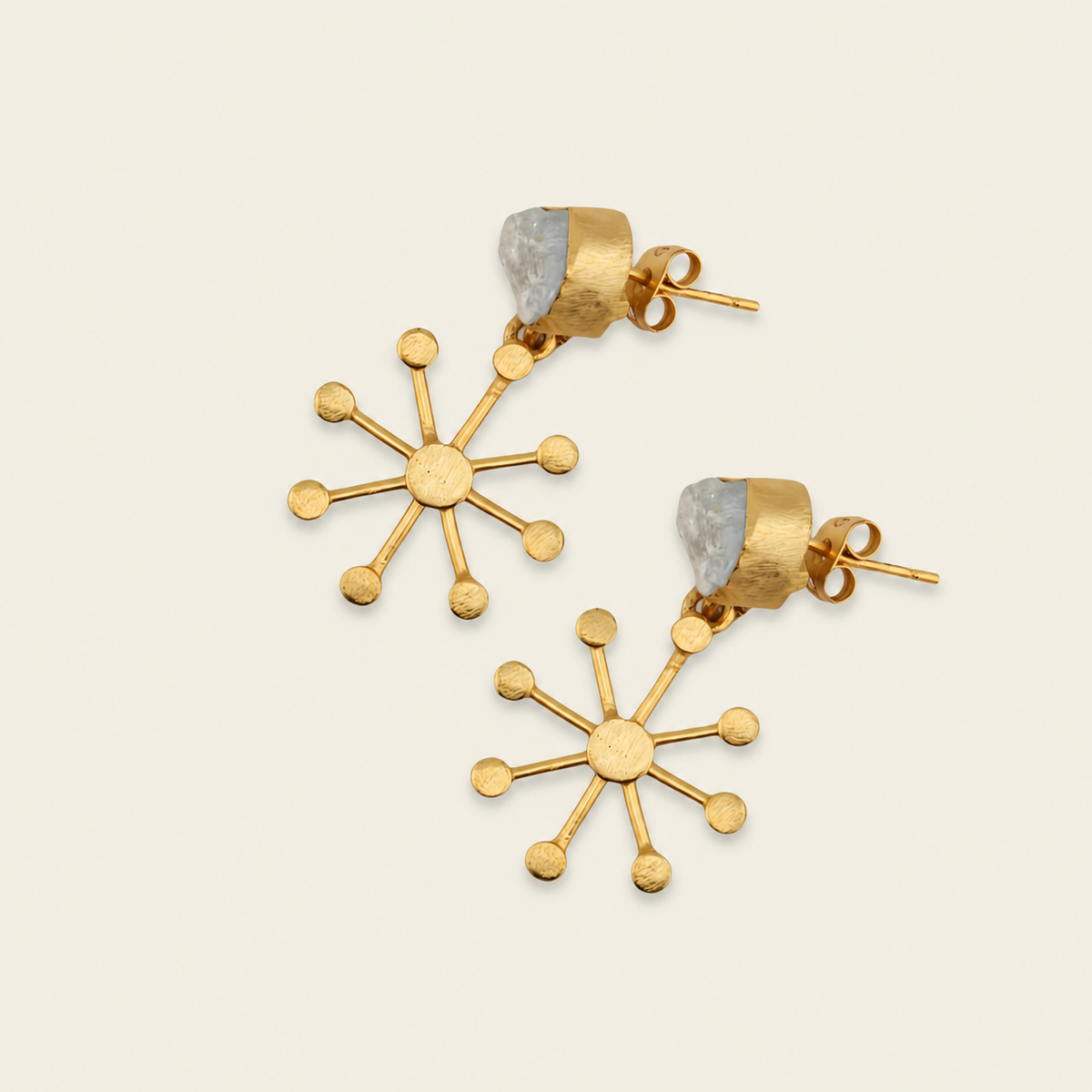 Crystal Halo Earrings with pale stone tops and gold-coloured starburst drops