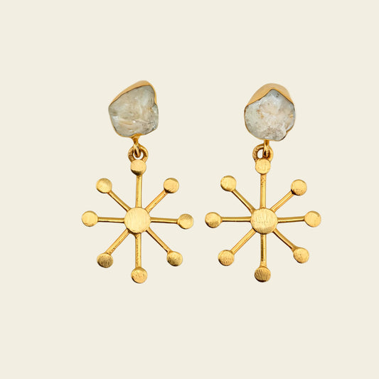 Crystal Halo Earrings with pale stone tops and gold-coloured starburst drops
