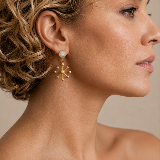 Crystal Halo Earrings worn on the ear, with pale stone tops and gold-coloured starburst drops