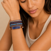 Deep Current Bracelet worn on the wrist, with layered blue tiles and round beads