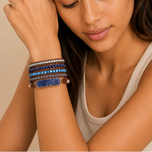 Deep Current Bracelet worn on the wrist, with layered blue tiles and round beads