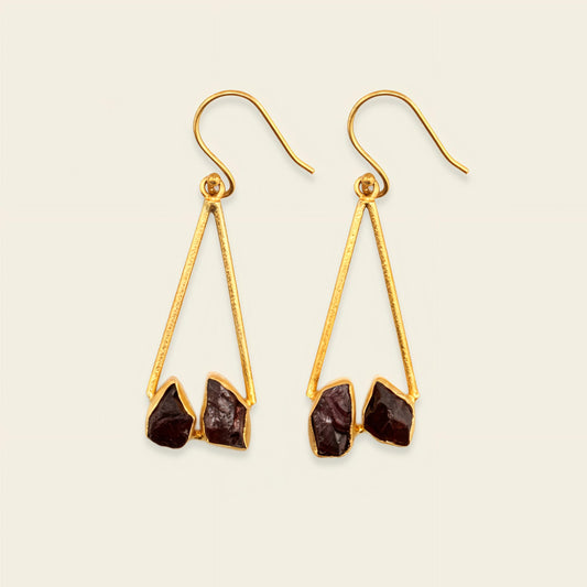 Deep Ember Earrings with long triangular gold-coloured frames and dark stone drops