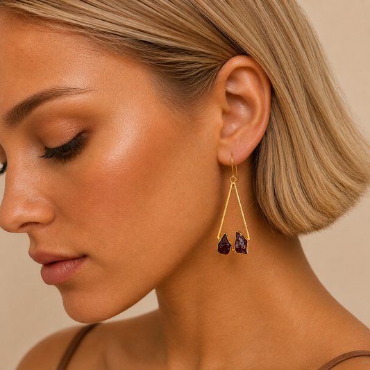 Deep Ember Earrings worn on the ear, with long triangular gold-coloured frames and dark stone drops