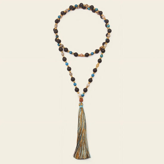 Deep Mala Necklace with dark beads and a multicoloured tassel
