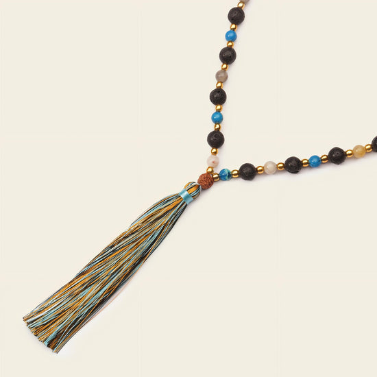 Deep Mala Necklace with dark beads and a multicoloured tassel
