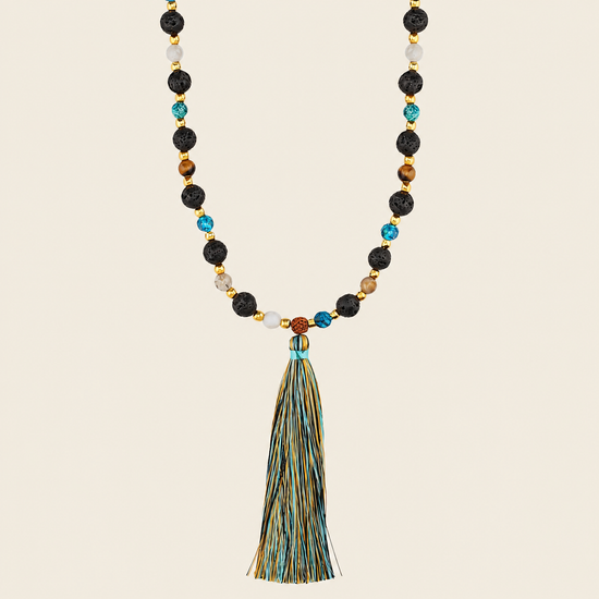 Deep Mala Necklace with dark beads and a multicoloured tassel