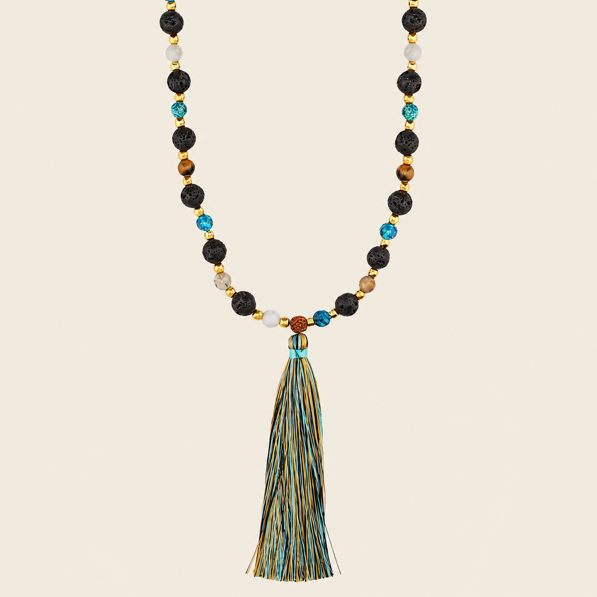 Deep Mala Necklace with dark beads and a multicoloured tassel