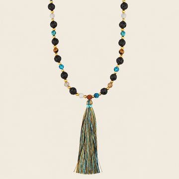 Deep Mala Necklace with dark beads and a multicoloured tassel