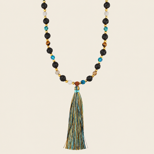 Deep Mala Necklace with dark beads and a multicoloured tassel