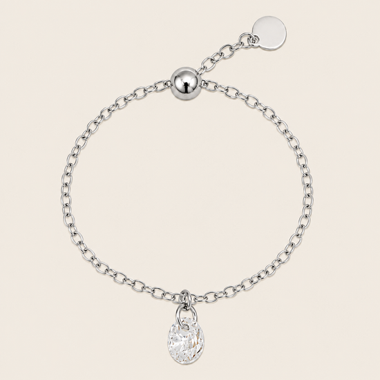 Dewdrop Chain Ring with an adjustable chain band and clear teardrop charm in silver finish