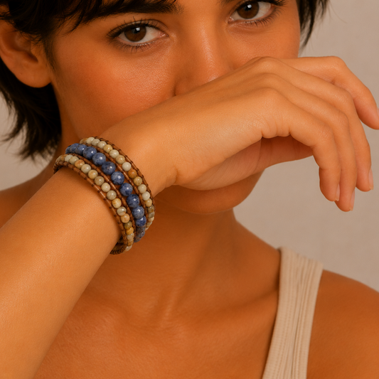 Driftline Field Bracelet worn on the wrist, with layered blue, orange and brown stone beads