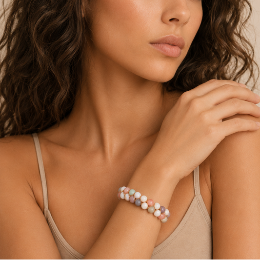 Earthwoven Balance Bracelet worn on the wrist, with two rows of pale multicoloured round beads