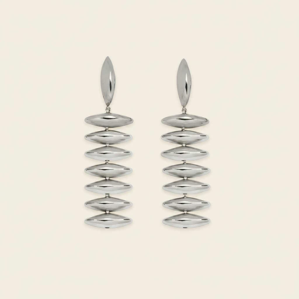 Ellipse Cascade Earrings with a cascade of open oval loops in silver finish