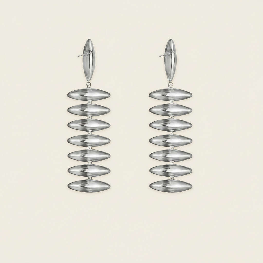 Ellipse Cascade Earrings with a cascade of open oval loops in silver finish