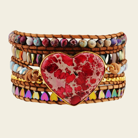 Ember Heart Bracelet with layered multicoloured beads and a red heart centre