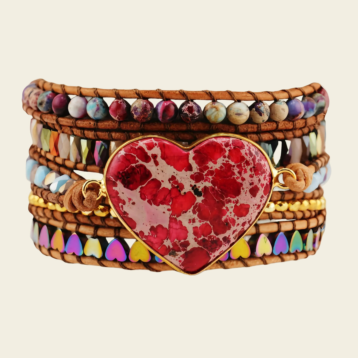 Ember Heart Bracelet with layered multicoloured beads and a red heart centre