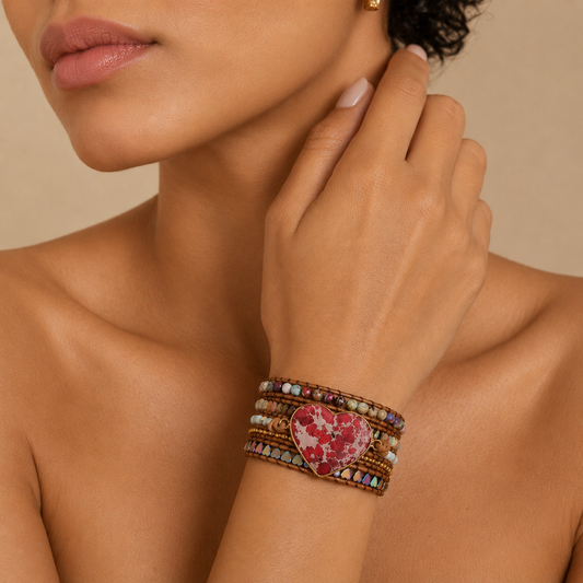 Ember Heart Bracelet worn on the wrist, with layered multicoloured beads and a red heart centre
