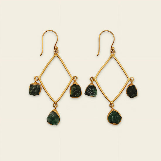 Emerald Frame Earrings with open geometric frames and green stone accents