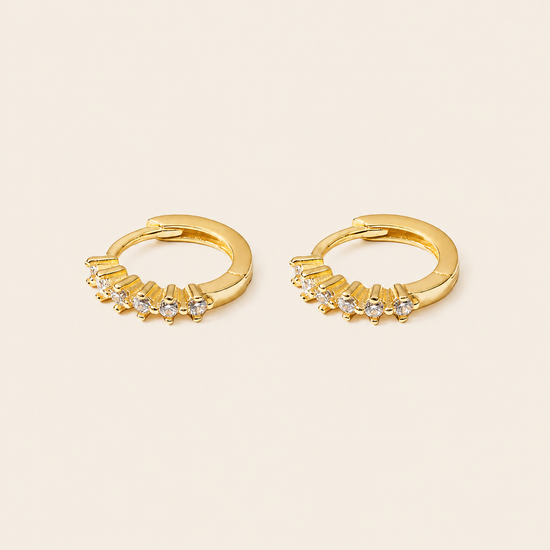 Fine Light Earrings with small hoops set with clear stones in gold finish