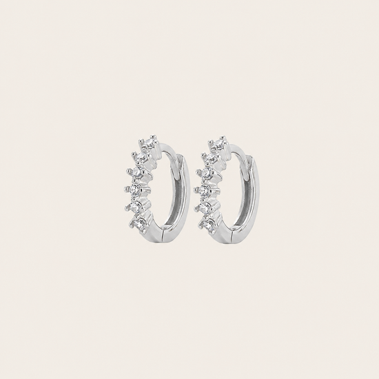 Fine Light Earrings with small hoops set with clear stones in silver finish