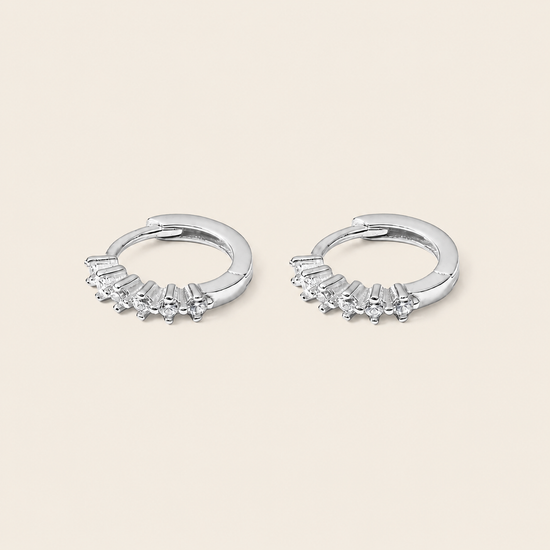 Fine Light Earrings with small hoops set with clear stones in silver finish