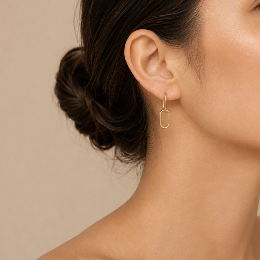Fine Link Earrings worn on the ear in gold finish