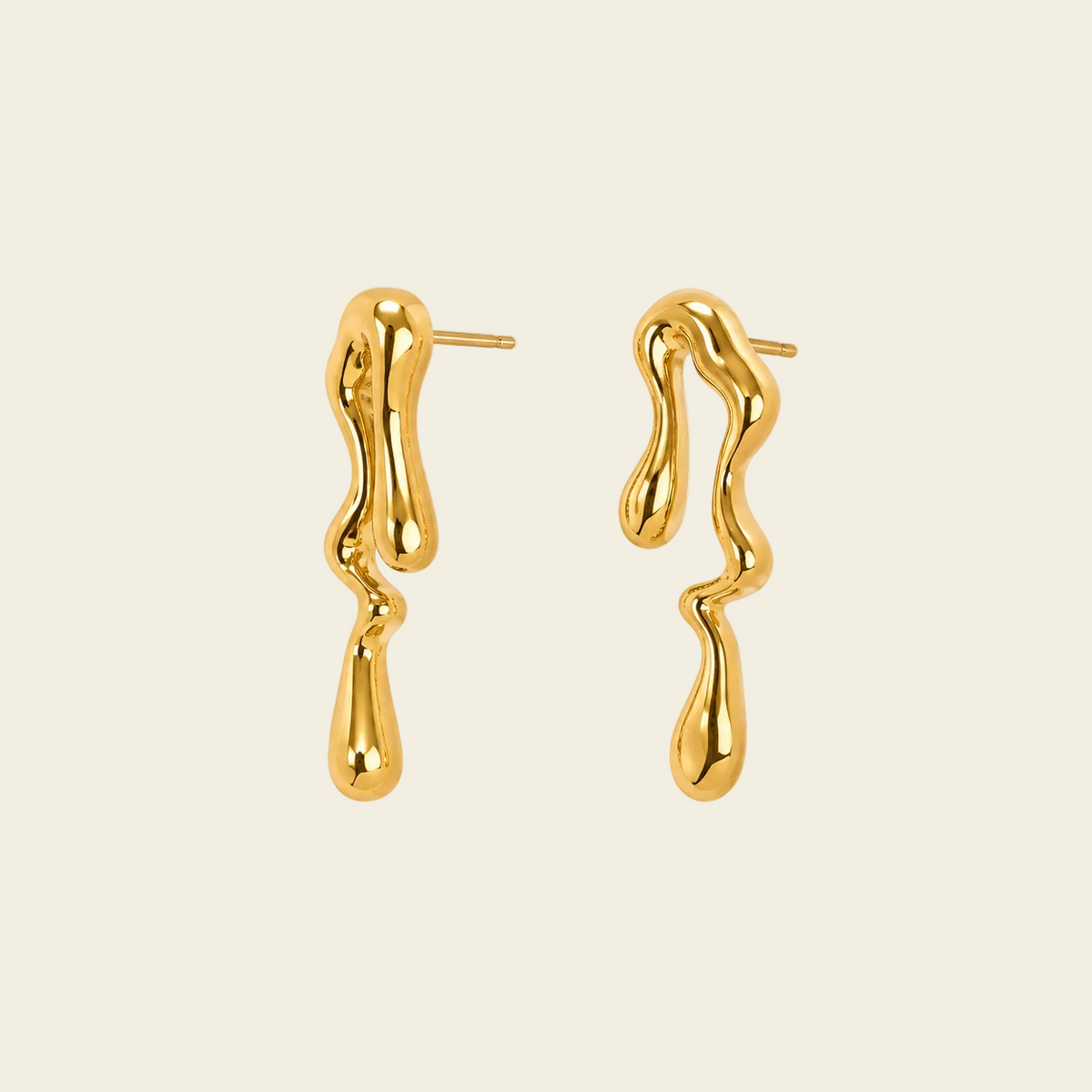 Flowing Line Earrings with flowing open shapes and small hanging drops in gold finish