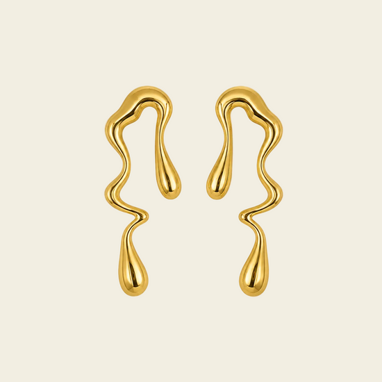 Flowing Line Earrings with flowing open shapes and small hanging drops in gold finish
