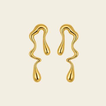 Flowing Line Earrings with flowing open shapes and small hanging drops in gold finish