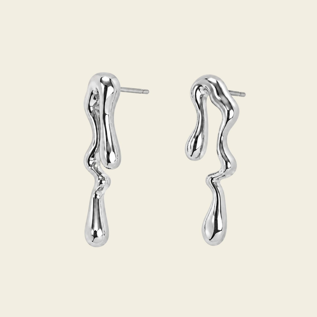 Flowing Line Earrings with flowing open shapes and small hanging drops in silver finish