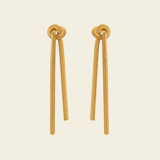 Fluid Knot Earrings with slender double-bar drops with knotted tops in gold finish