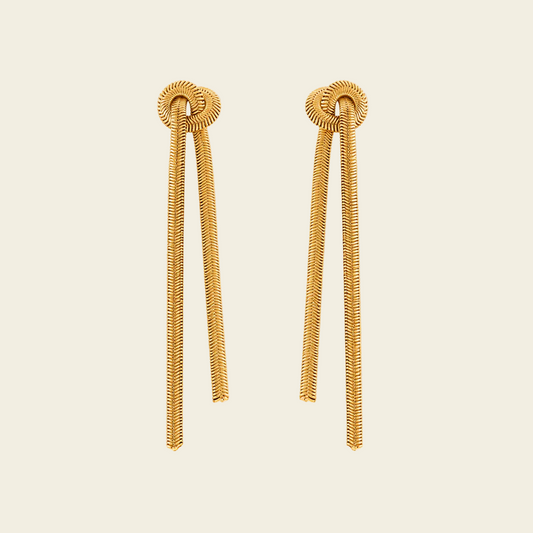 Fluid Knot Earrings with slender double-bar drops with knotted tops in gold finish