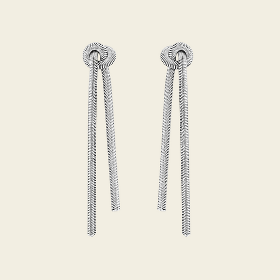 Fluid Knot Earrings with slender double-bar drops with knotted tops in silver finish