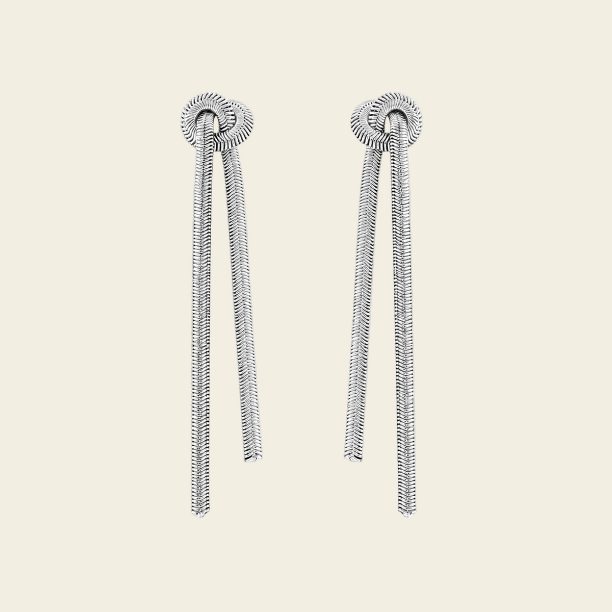 Fluid Knot Earrings with slender double-bar drops with knotted tops in silver finish