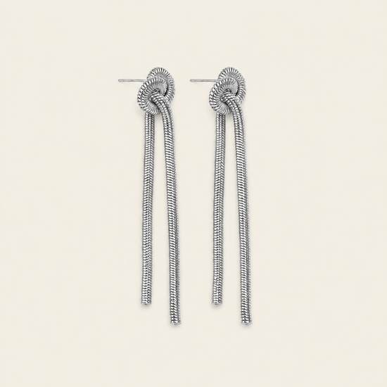 Fluid Knot Earrings with slender double-bar drops with knotted tops in silver finish