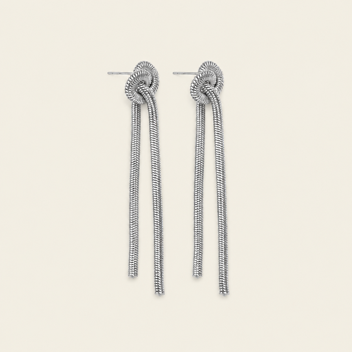 Fluid Knot Earrings with slender double-bar drops with knotted tops in silver finish