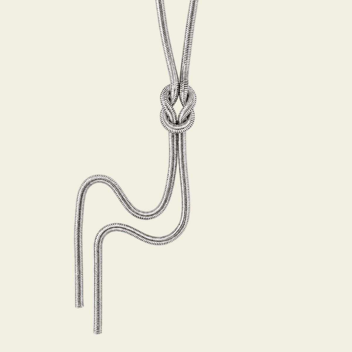 Fluid Knot Necklace with a smooth collar and flowing knotted lariat drop in silver finish