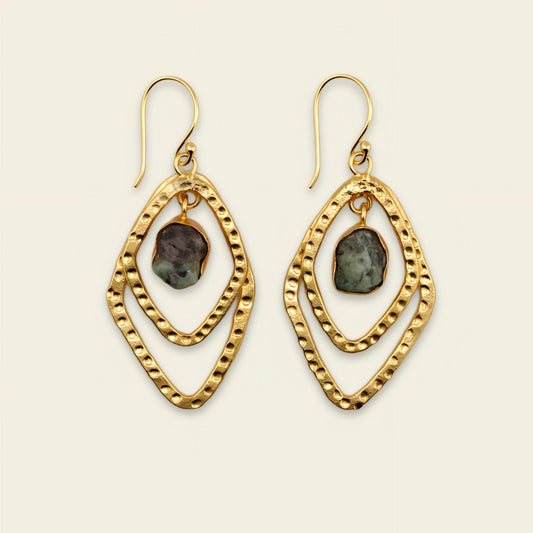 Forest Halo Earrings with layered leaf-shaped frames and dark green stone centres