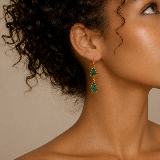 Forest Interval Earrings worn on the ear, with two irregular green stone drops