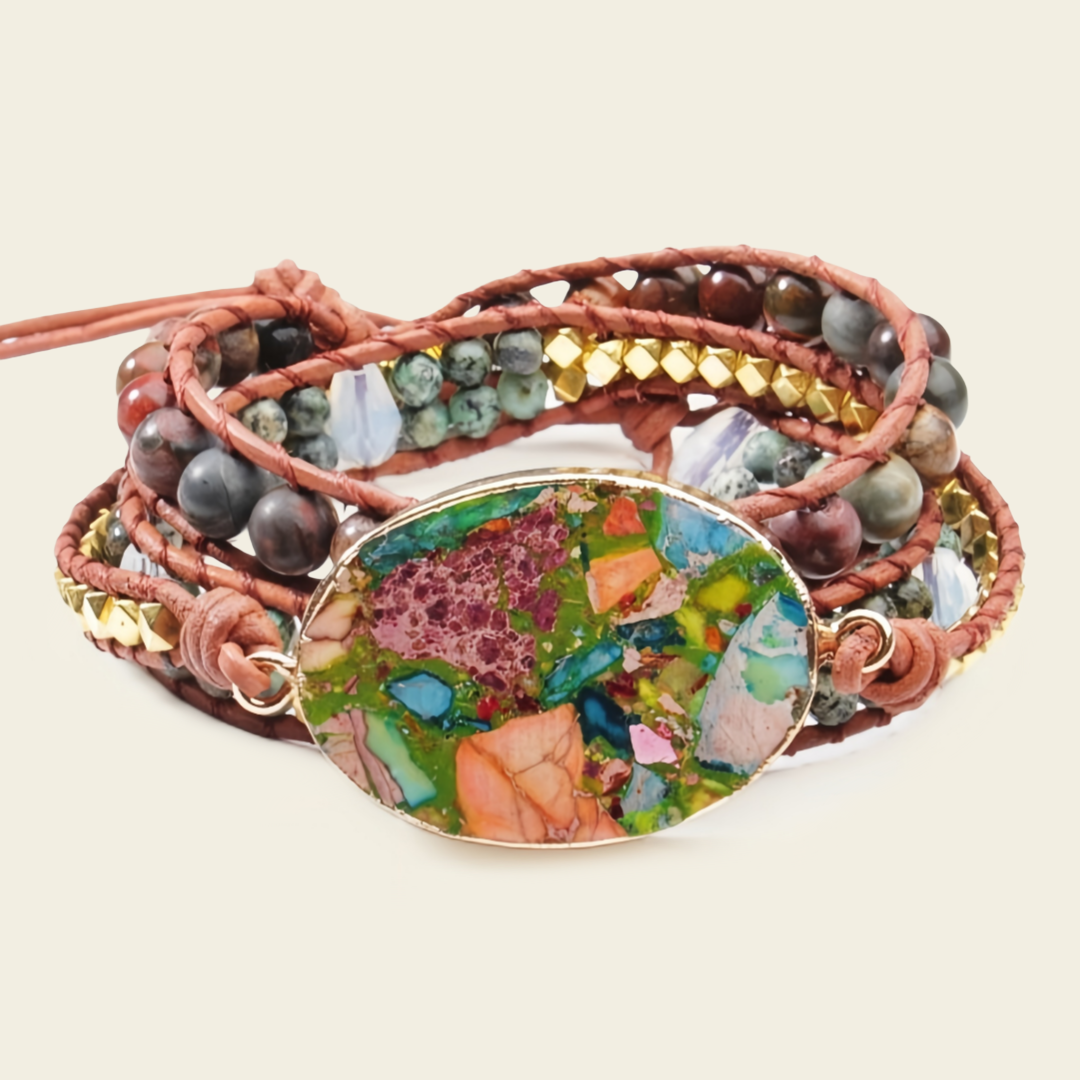 Forest Mosaic Bracelet with beadwork and cord detail
