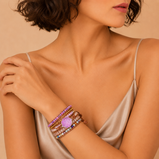 Gentle Mark Bracelet worn on the wrist, with layered pale pink and purple beads