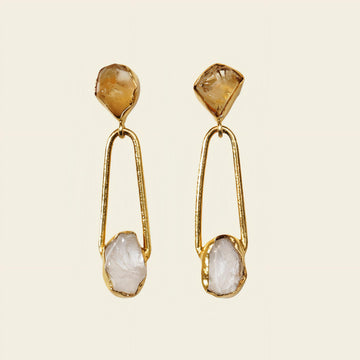 Golden Axis Earrings with elongated open frames with pale stone accents