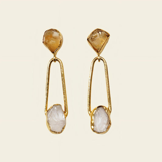 Golden Axis Earrings with elongated open frames with pale stone accents