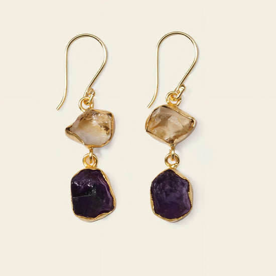 Golden Dusk Earrings with pale stone tops and dark purple stone drops