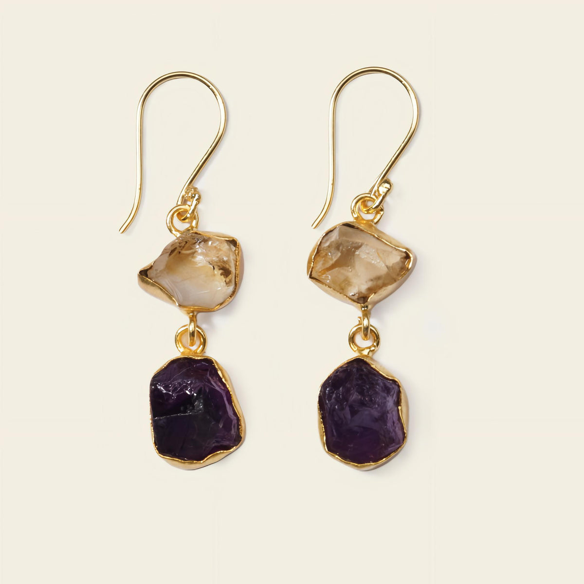 Golden Dusk Earrings with pale stone tops and dark purple stone drops