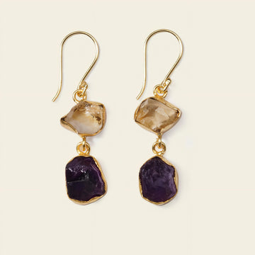 Golden Dusk Earrings with pale stone tops and dark purple stone drops