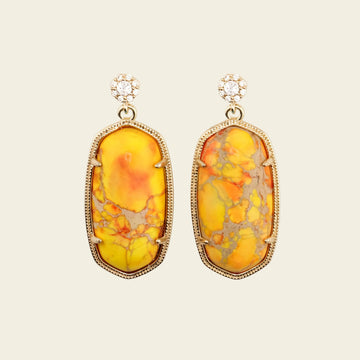 Golden Field Earrings with yellow and orange patterned rectangular stone drops