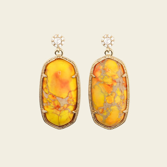 Golden Field Earrings with yellow and orange patterned rectangular stone drops