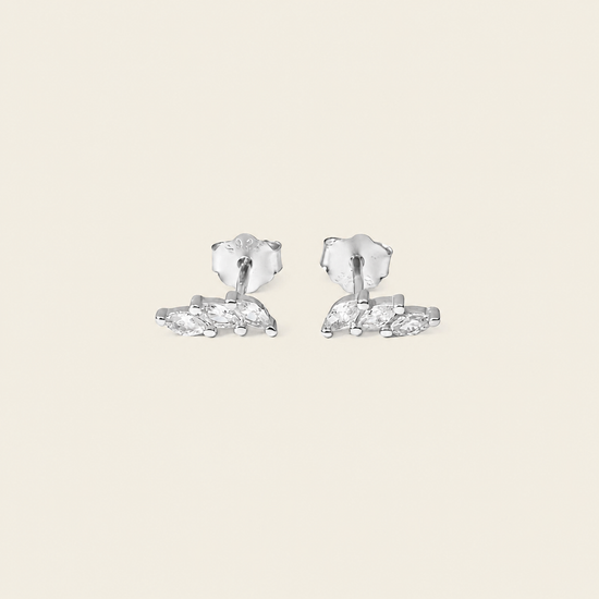 Grace Line Earrings with slender curved bars with clear stone accents in silver finish