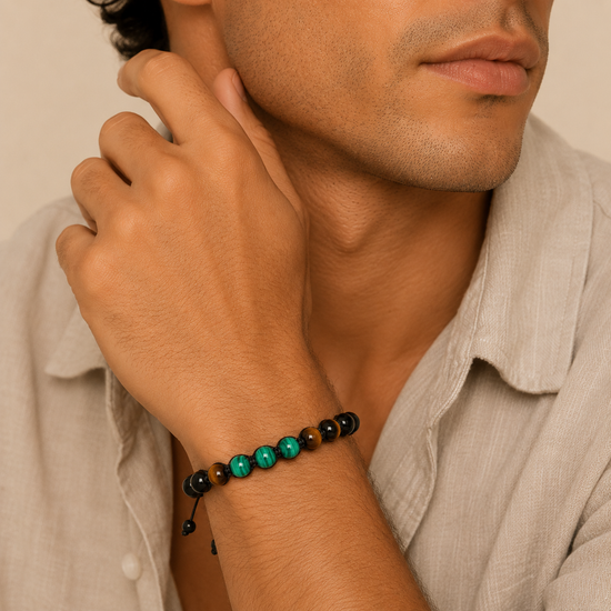Green Axis Bracelet with green and dark round beads with an adjustable cord